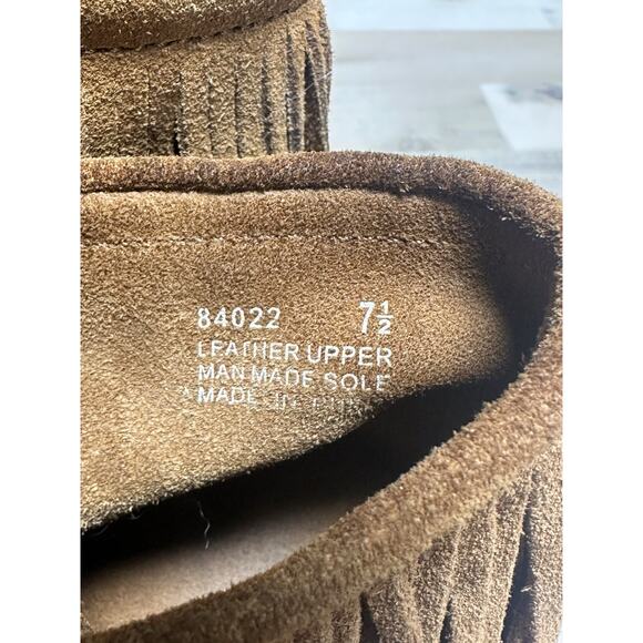 Minnetonka Fringe Wedge Boots 7.5 Tan Suede Boho Festival Retro Western Y2K - Picture 3 of 11